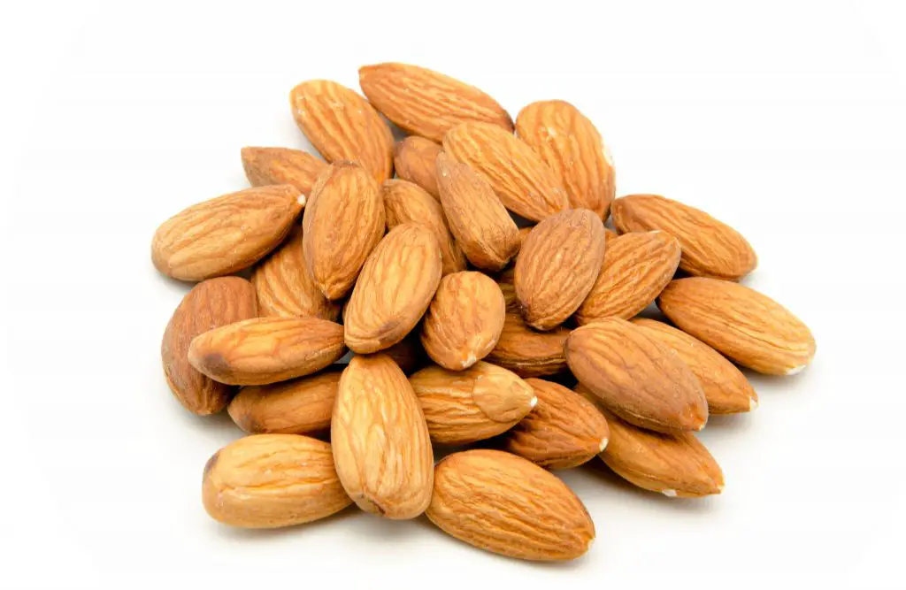 Several raw almonds surrounded by white background